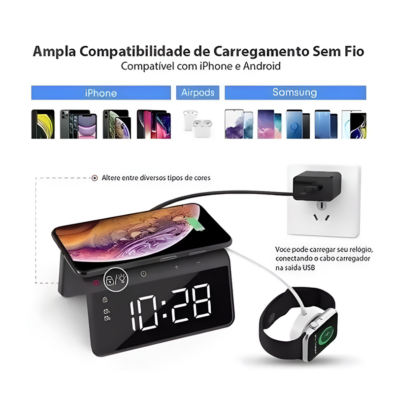 Carregador Indução + Relógio Despertador (PRETO)